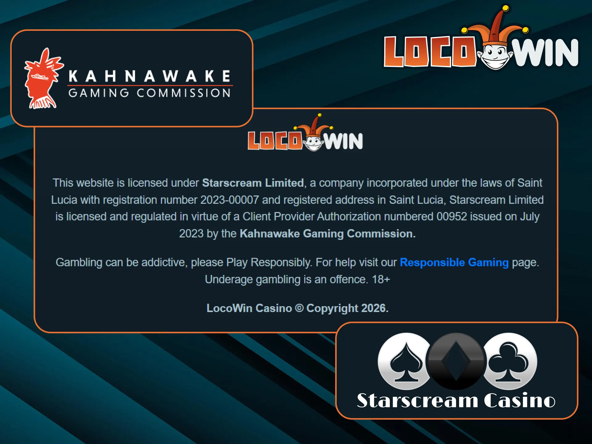 LocoWin operates under a Kahnawake Gaming Commission license issued by Starscream Limited.