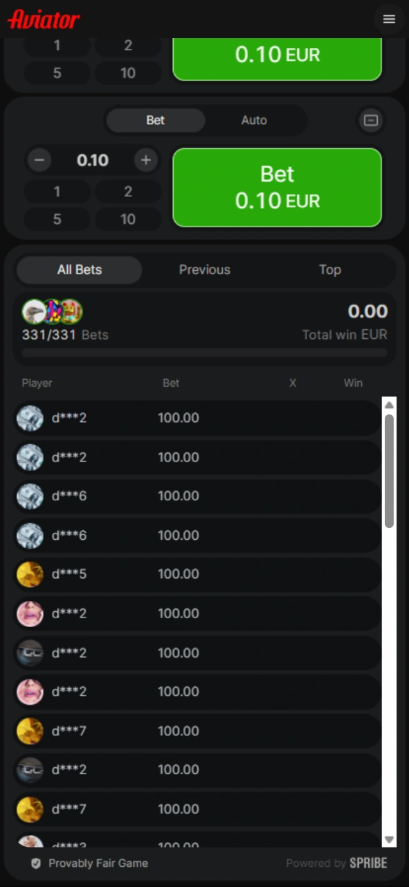 Betting panel for the Aviator game at LocoWin.