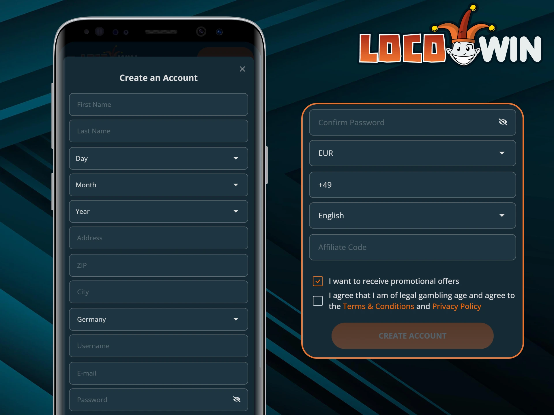 Registering with LocoWin on a mobile device is just as easy as on the full-scale website.